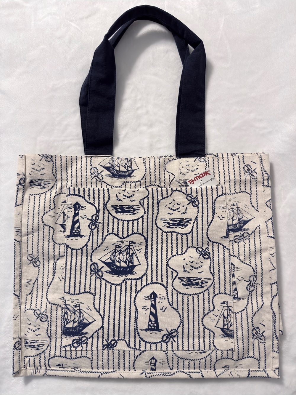 Canvas Nautical Print Tote Bag with Navy Handles